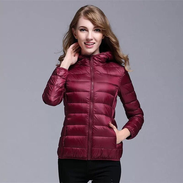 ultra light snow waterproof warm jacket for women sexy slim hooded stand collar women short jacket