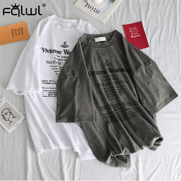 FQLWL Letter Print Cotton Ladies White Oversized T-Shirt