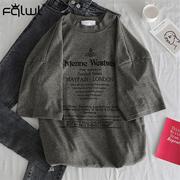 FQLWL Letter Print Cotton Ladies White Oversized T-Shirt