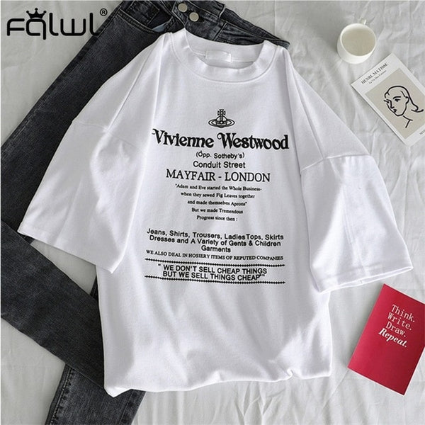 FQLWL Letter Print Cotton Ladies White Oversized T-Shirt