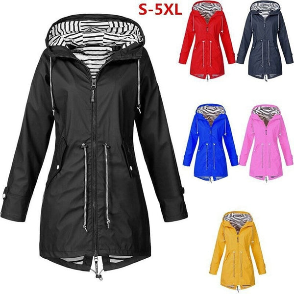 Women Jacket Fashion Autumn Solid Rain Jacket Outdoor Plus Waterproof Hooded Raincoat