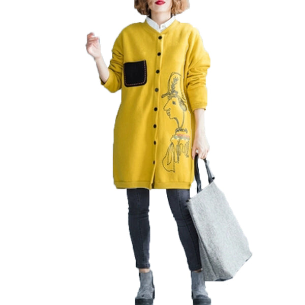 Cartoon Printed Women Winter Jacket Off Shoulder Dress Big Size Thicken Velvet Coat Cardigan