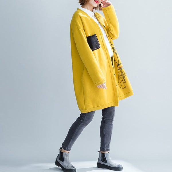 Cartoon Printed Women Winter Jacket Off Shoulder Dress Big Size Thicken Velvet Coat Cardigan