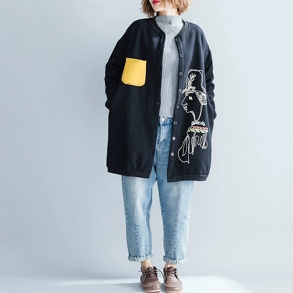 Cartoon Printed Women Winter Jacket Off Shoulder Dress Big Size Thicken Velvet Coat Cardigan