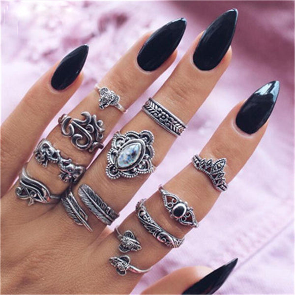 e Gold and Silver Carved OPal Black Stone Women Rings Elephant Hollow Knuckle Ladies Rings Jwelery 10Pcs/set 4780