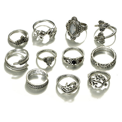 e Gold and Silver Carved OPal Black Stone Women Rings Elephant Hollow Knuckle Ladies Rings Jwelery 10Pcs/set 4780