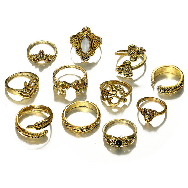 e Gold and Silver Carved OPal Black Stone Women Rings Elephant Hollow Knuckle Ladies Rings Jwelery 10Pcs/set 4780