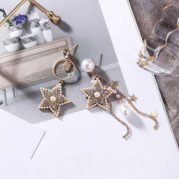 Women Shinning Pearl Earrings Rhinestone Pearl Star Fashion Dangle Earrings Pentagram