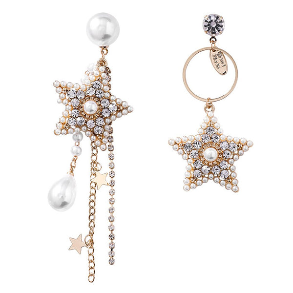 Women Shinning Pearl Earrings Rhinestone Pearl Star Fashion Dangle Earrings Pentagram