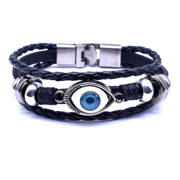 Hot Sale Black & Brown 20.5cm Hand made Leather Bracelet Men Women Evil Eye Bracelet Fashion Vintage Beads Jewelry
