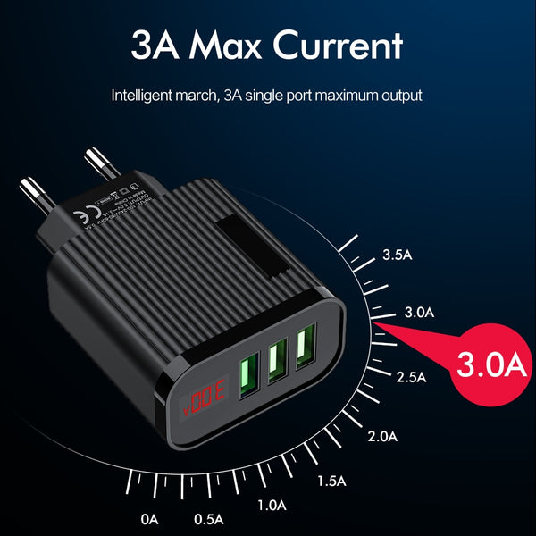 Triple Port USB Phone Charger EU Plug 3A Max LED Display Smart Fast Charging Wall Charger Adapter For iPhone iPad Samsung