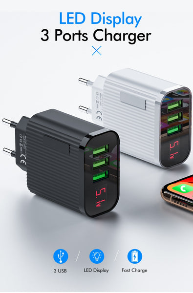 Triple Port USB Phone Charger EU Plug 3A Max LED Display Smart Fast Charging Wall Charger Adapter For iPhone iPad Samsung