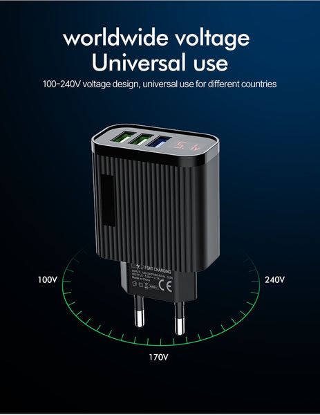 Triple Port USB Phone Charger EU Plug 3A Max LED Display Smart Fast Charging Wall Charger Adapter For iPhone iPad Samsung