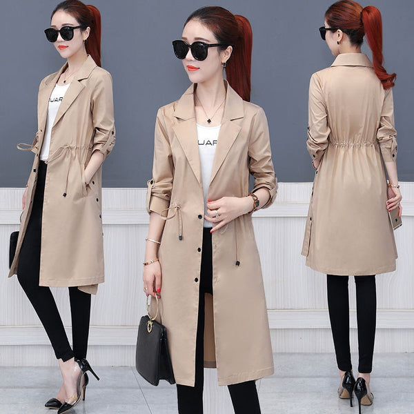 Khaki Long Trench Coat Spring Lace Up Waist Lantern Sleeve Pocket Coat Women Solid Elegant Coats