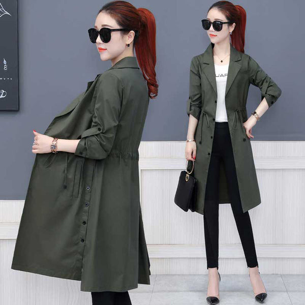 Khaki Long Trench Coat Spring Lace Up Waist Lantern Sleeve Pocket Coat Women Solid Elegant Coats