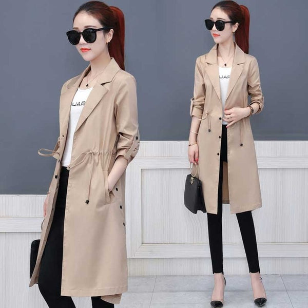 Khaki Long Trench Coat Spring Lace Up Waist Lantern Sleeve Pocket Coat Women Solid Elegant Coats