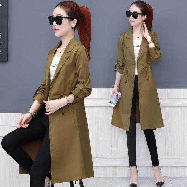Khaki Long Trench Coat Spring Lace Up Waist Lantern Sleeve Pocket Coat Women Solid Elegant Coats