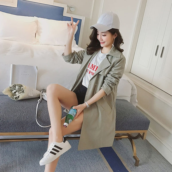 Khaki Long Trench Coat Spring Lace Up Waist Lantern Sleeve Pocket Coat Women Solid Elegant Coats
