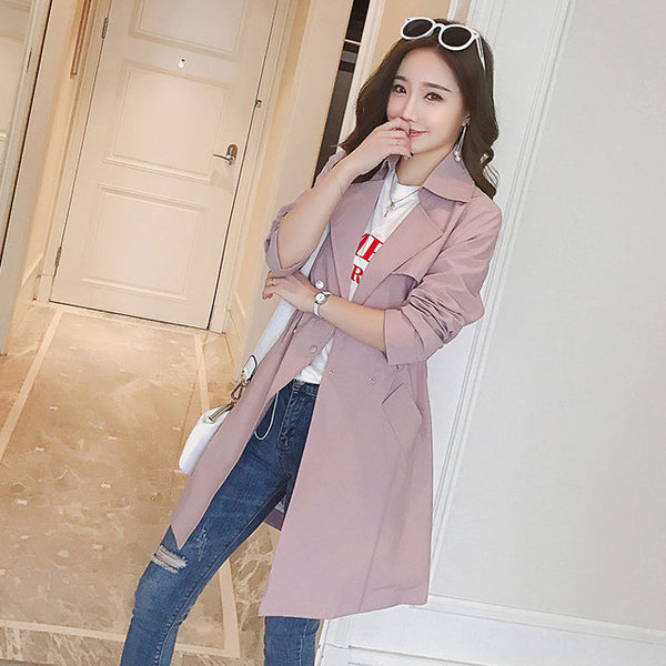 Khaki Long Trench Coat Spring Lace Up Waist Lantern Sleeve Pocket Coat Women Solid Elegant Coats