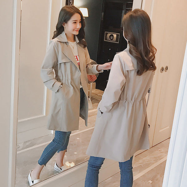 Khaki Long Trench Coat Spring Lace Up Waist Lantern Sleeve Pocket Coat Women Solid Elegant Coats