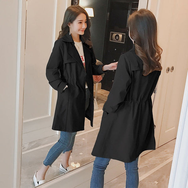 Khaki Long Trench Coat Spring Lace Up Waist Lantern Sleeve Pocket Coat Women Solid Elegant Coats