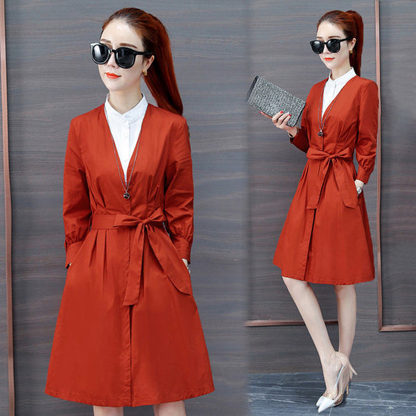 Khaki Long Trench Coat Spring Lace Up Waist Lantern Sleeve Pocket Coat Women Solid Elegant Coats