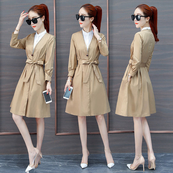 Khaki Long Trench Coat Spring Lace Up Waist Lantern Sleeve Pocket Coat Women Solid Elegant Coats