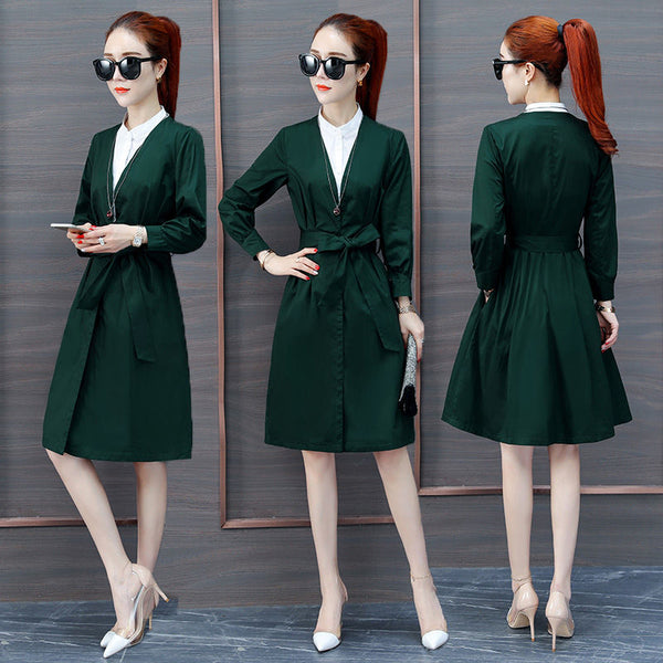 Khaki Long Trench Coat Spring Lace Up Waist Lantern Sleeve Pocket Coat Women Solid Elegant Coats