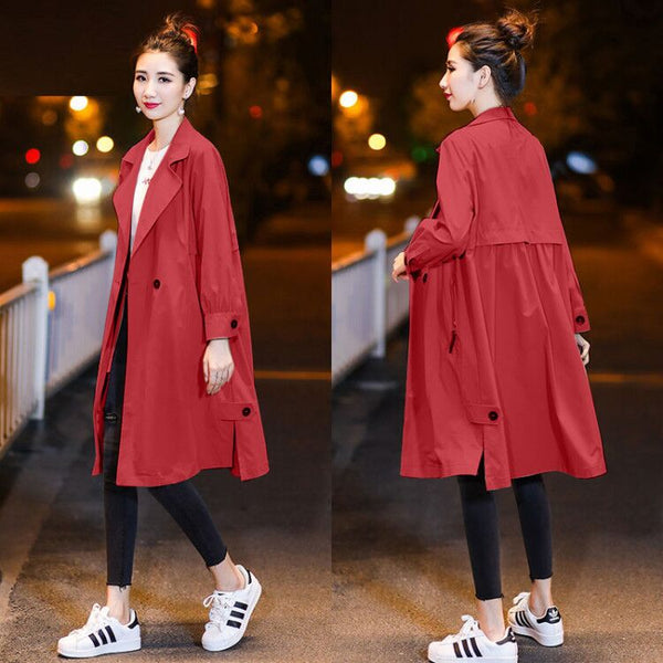 Women Long Autumn Trench Big Size Loose Wist Sexy Autumn Solid Pocket Coat Long Sleeves V-Neck