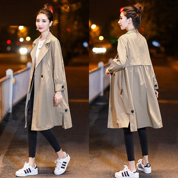 Women Long Autumn Trench Big Size Loose Wist Sexy Autumn Solid Pocket Coat Long Sleeves V-Neck