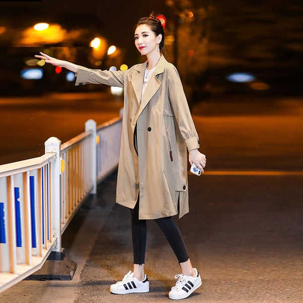 Women Long Autumn Trench Big Size Loose Wist Sexy Autumn Solid Pocket Coat Long Sleeves V-Neck