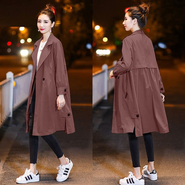 Women Long Autumn Trench Big Size Loose Wist Sexy Autumn Solid Pocket Coat Long Sleeves V-Neck