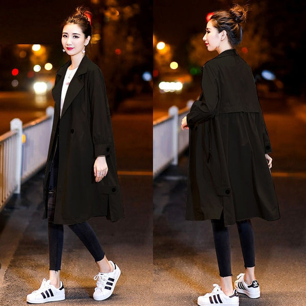 Women Long Autumn Trench Big Size Loose Wist Sexy Autumn Solid Pocket Coat Long Sleeves V-Neck