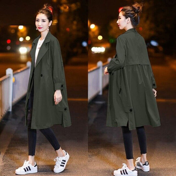 Women Long Autumn Trench Big Size Loose Wist Sexy Autumn Solid Pocket Coat Long Sleeves V-Neck