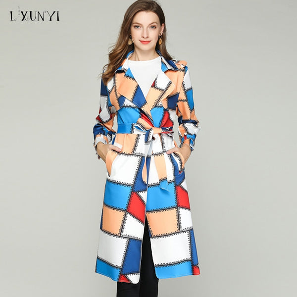 LXUNYI  Autumn Women Fashion Patchwork Trench Coat Women Long Notched Collar Kawaii Trench