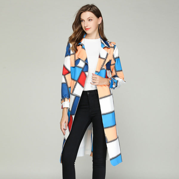 LXUNYI  Autumn Women Fashion Patchwork Trench Coat Women Long Notched Collar Kawaii Trench