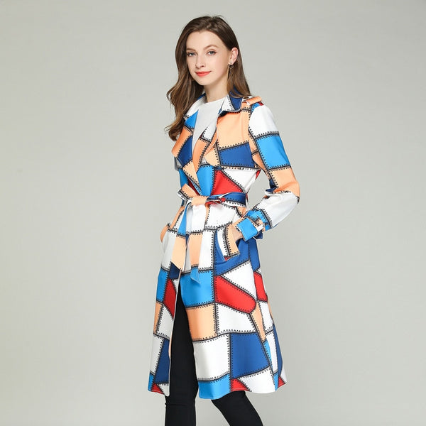 LXUNYI  Autumn Women Fashion Patchwork Trench Coat Women Long Notched Collar Kawaii Trench