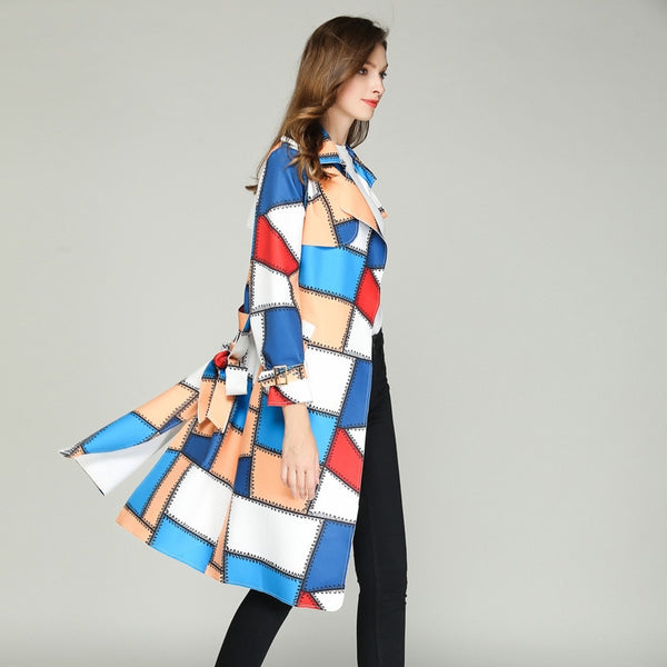 LXUNYI  Autumn Women Fashion Patchwork Trench Coat Women Long Notched Collar Kawaii Trench