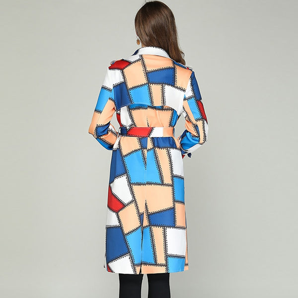 LXUNYI  Autumn Women Fashion Patchwork Trench Coat Women Long Notched Collar Kawaii Trench