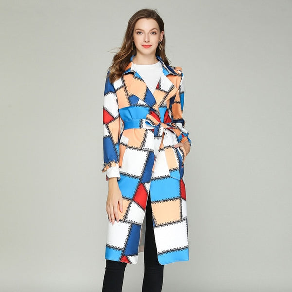 LXUNYI  Autumn Women Fashion Patchwork Trench Coat Women Long Notched Collar Kawaii Trench