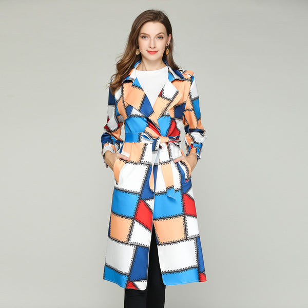 LXUNYI  Autumn Women Fashion Patchwork Trench Coat Women Long Notched Collar Kawaii Trench