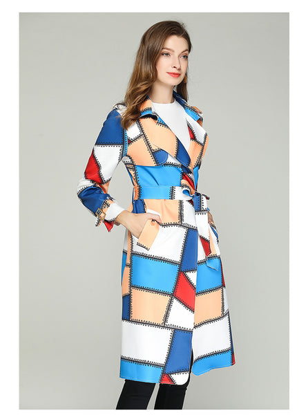 LXUNYI  Autumn Women Fashion Patchwork Trench Coat Women Long Notched Collar Kawaii Trench