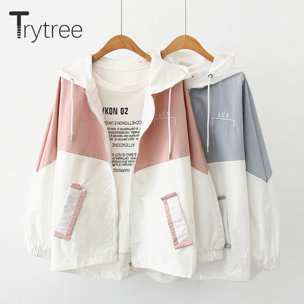 Hooded Coat Casual Zipper Women 3 Colors Patchwork Polyester Pockets Letter Trench Fashion