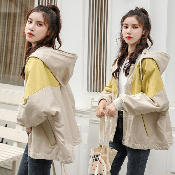 Hooded Coat Casual Zipper Women 3 Colors Patchwork Polyester Pockets Letter Trench Fashion