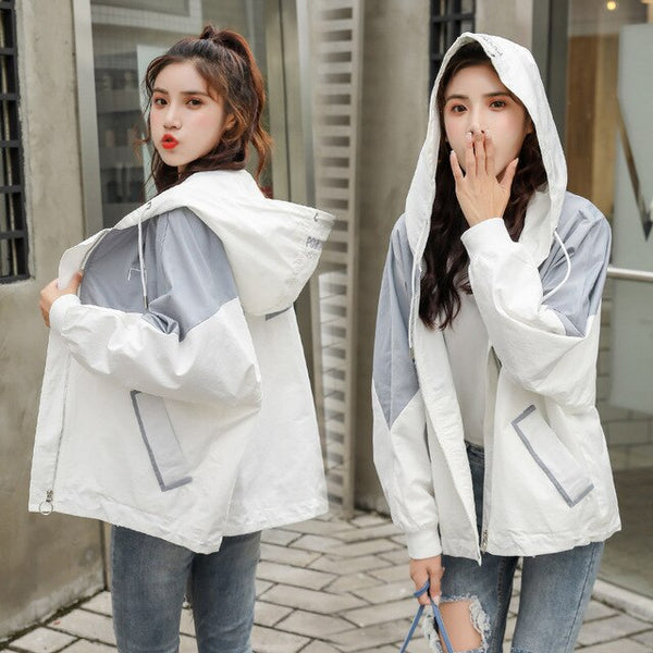 Hooded Coat Casual Zipper Women 3 Colors Patchwork Polyester Pockets Letter Trench Fashion