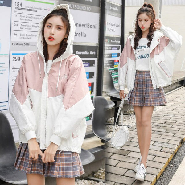 Hooded Coat Casual Zipper Women 3 Colors Patchwork Polyester Pockets Letter Trench Fashion