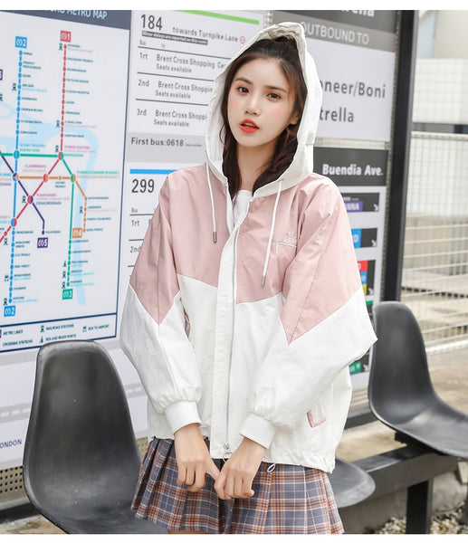 Hooded Coat Casual Zipper Women 3 Colors Patchwork Polyester Pockets Letter Trench Fashion