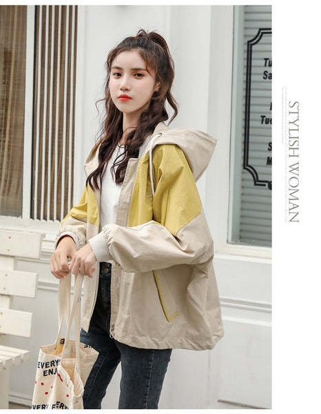 Hooded Coat Casual Zipper Women 3 Colors Patchwork Polyester Pockets Letter Trench Fashion
