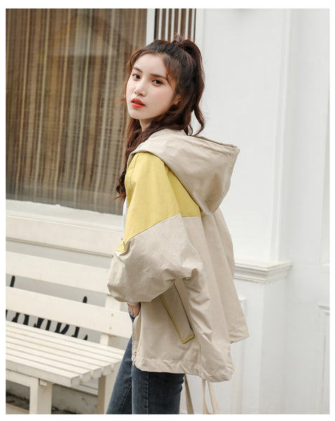 Hooded Coat Casual Zipper Women 3 Colors Patchwork Polyester Pockets Letter Trench Fashion