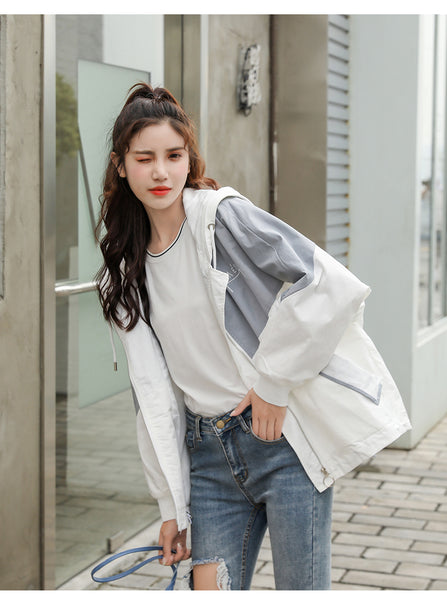 Hooded Coat Casual Zipper Women 3 Colors Patchwork Polyester Pockets Letter Trench Fashion